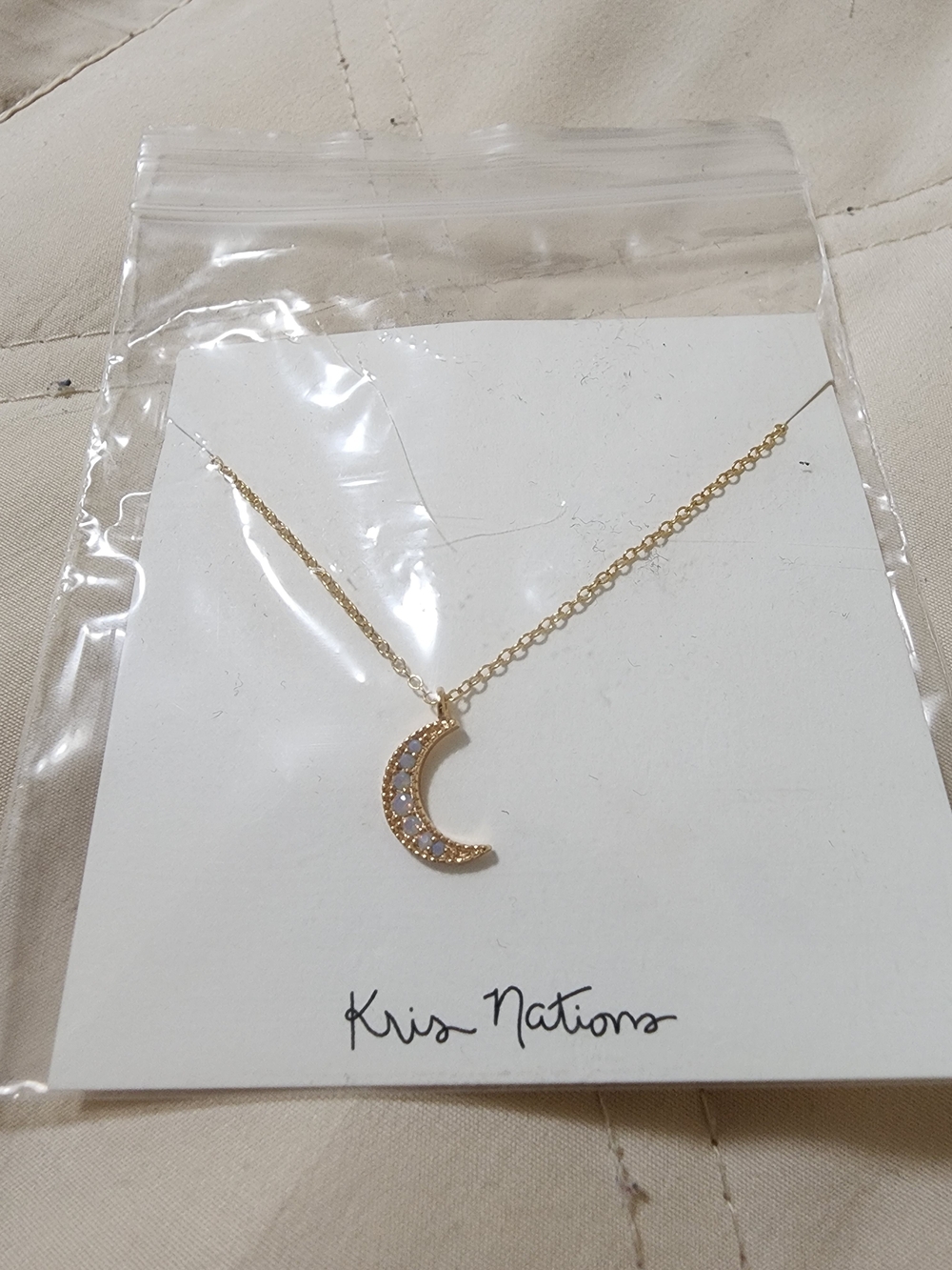Kris Nations Gold Crescent Moon Necklace with Crystal Inlay
